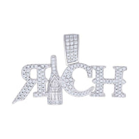 The Moissanite RICH Fashion Charm Pendant features the word "RICH" with a bottle-shaped diamond-encrusted "I," making it a luxurious sterling silver jewelry piece and a dazzling charm.