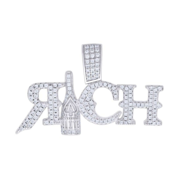 The Moissanite RICH Fashion Charm Pendant features the word "RICH" with a bottle-shaped diamond-encrusted "I," making it a luxurious sterling silver jewelry piece and a dazzling charm.