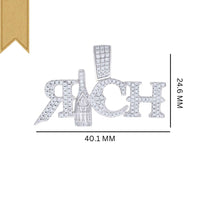 The Moissanite RICH Fashion Charm Pendant features a sterling silver design spelling RICH, with moissanite accents and a bottle-shaped "I." It measures 40.1 mm wide and 24.6 mm tall, finished with a gold ribbon at the top left corner.
