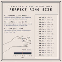 Infographic shows three steps to find your perfect 4mm, 24k Band Ring size, featuring finger measuring tips, a millimeter ruler, instructions, and a conversion chart from 15.6mm (Size 5) to 22.2mm (Size 13).