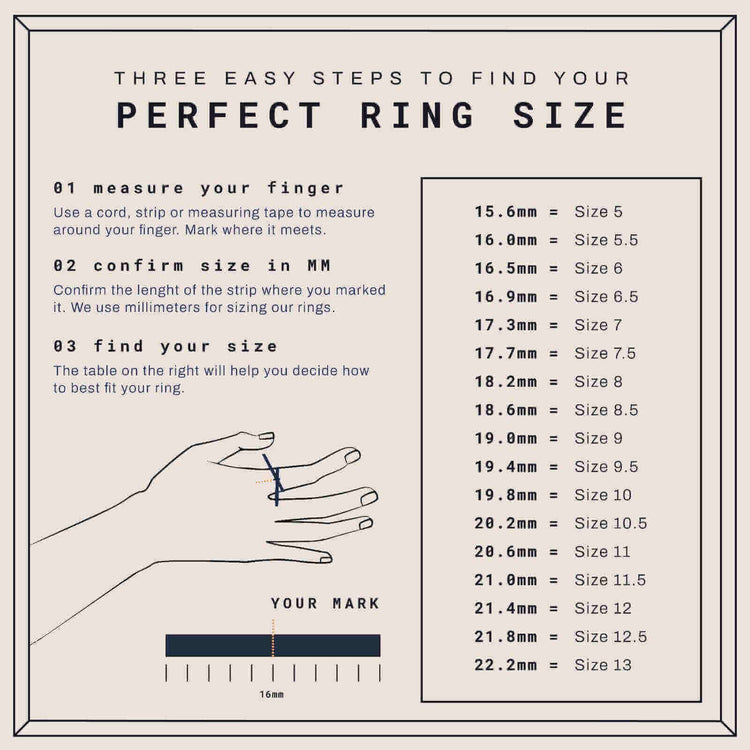 A step-by-step guide shows how to measure your ring size for the 8mm Hammered Band Ring - 24k with a strip, marking, measuring in millimeters, and using the included illustrated hand and ring size chart.