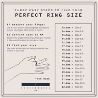 A three-step guide to finding your 8mm Band Ring -24k size: measure your finger, confirm the millimeter size, and check the chart from 15.6 mm (size 5) to 22.2 mm (size 13). Includes an illustration of finger measuring.