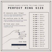 Ring size guide in three easy steps: measure your finger, check the measurement in millimeters, and find your size on the chart from 15.6mm (Size 5) to 22.2mm (Size 13). A handy illustration shows you how to measure for an ideal fit—perfect for selecting accessories like our 10k Gold Round Diamond Stud Earrings 1/6 Cttw, so you can enjoy lasting comfort and style without compromising gemstone weight.