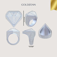 Five views of the Radiant Diamond Shaped Ring – 6.65 CT Baguette Elegance for men, featuring a diamond shape encrusted with small gemstones, shown with labeled dimensions: 28.00 mm tall and 6.0 mm thick, by GOLDZENN.