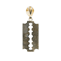 The Razor Blade Pendant with CZ Stones is a 14K yellow gold men’s pendant, featuring a perforated razor blade design and decorative bail, shown against a clean white background.