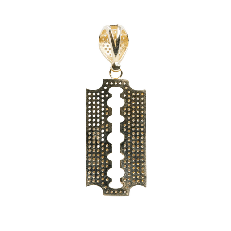 The Razor Blade Pendant with CZ Stones is a 14K yellow gold men’s pendant, featuring a perforated razor blade design and decorative bail, shown against a clean white background.