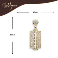 The Razor Blade Pendant with CZ Stones – 14K Yellow Gold Men’s Pendant, 35mm x 17mm, is shown against a white background with the Soldzeuu brand name at the top.