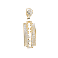 The Razor Blade Pendant with CZ Stones – a 14K yellow gold men's pendant featuring sparkling CZ stones and a diamond-studded, rounded bail, perfect as a bold accessory for any necklace.