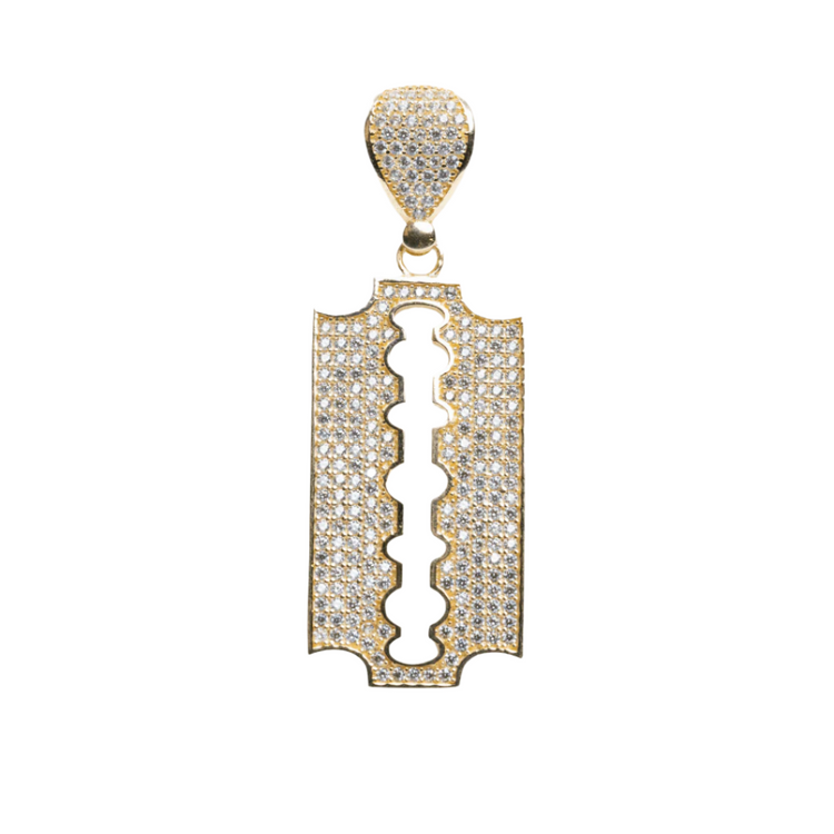 The Razor Blade Pendant with CZ Stones – a 14K yellow gold men’s pendant featuring dazzling white stones – stands out as the perfect statement piece.