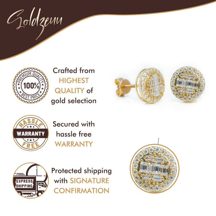 Rectangular Moissanite Stud Earring in 10K yellow gold shown with icons for premium quality, hassle-free warranty, and express shipping with signature confirmation.