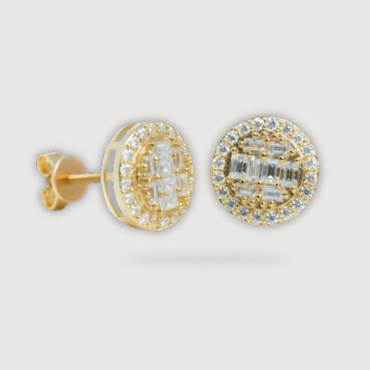 The Rectangular Moissanite Stud Earring in 10k Yellow Gold features a round cluster of rectangular moissanite gems encircled by a halo of sparkling stones, displayed on a plain white background.