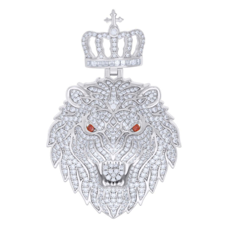 The Red Eyes Moissanite Lion Head Pendant showcases sparkling VVS moissanite stones, a detailed mane, and an ornate crown, all set in 925 sterling silver.