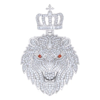 The Red Eyes Moissanite Lion Head Pendant showcases sparkling VVS moissanite stones, a detailed mane, and an ornate crown, all set in 925 sterling silver.