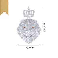 The Red Eyes Moissanite Lion Head Pendant, made from 925 sterling silver and adorned with VVS moissanite gems, measures 63.5 mm by 39.7 mm and features a gold ribbon in the top left corner for elegant display.