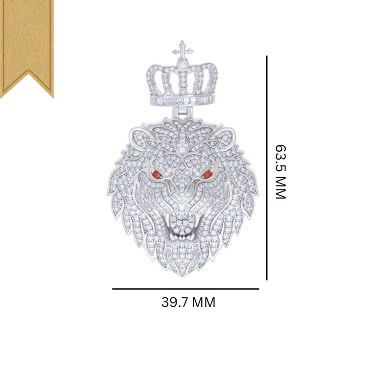 The Red Eyes Moissanite Lion Head Pendant, made from 925 sterling silver and adorned with VVS moissanite gems, measures 63.5 mm by 39.7 mm and features a gold ribbon in the top left corner for elegant display.