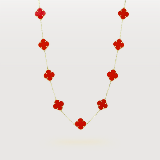 Coral Four Leaf Clover Women's Necklace in 14k Yellow Gold 