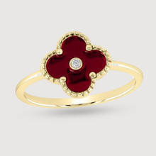  Red Clover Women's Ring with a Natural 1/10ctw Diamond in the center of Clover. Crafted from 10k Yellow Gold, stamped for authenticity. | GOLDZENN  