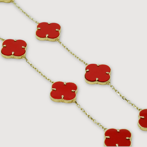 Coral Four Leaf Clover Necklace - 14k Yellow Gold