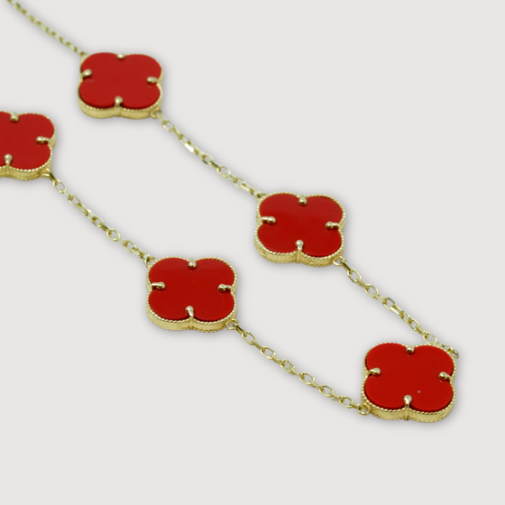 Coral Four Leaf Clover Necklace - 14k Yellow Gold