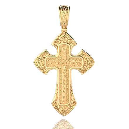 The Regal Patterned Gold Cross Pendant, crafted in radiant 24K gold and adorned with intricate engravings, symbolizes divine protection and is displayed against a white background.