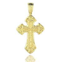 The Regal Patterned Gold Cross Pendant features intricate engraving and decorative edge patterns in 24K gold, symbolizing divine protection, displayed against a white background.