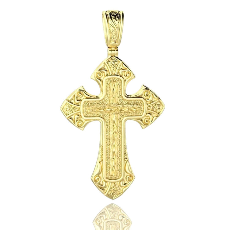 The Regal Patterned Gold Cross Pendant features intricate engraving and decorative edge patterns in 24K gold, symbolizing divine protection, displayed against a white background.