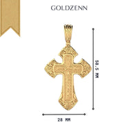 The Regal Patterned Gold Cross Pendant offers divine protection with intricate designs. Crafted in 24K gold, it measures 50.5 mm by 28 mm. The brand name GOLDZENN is displayed at the top.