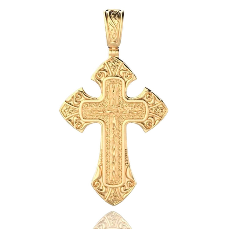 The Regal Patterned Gold Cross Pendant, crafted in radiant 24K gold and adorned with intricate engravings, symbolizes divine protection and is displayed against a white background.