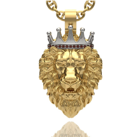 The Regal Lion Pendant with Crown - 14k Gold features a detailed lion with a silver crown set with red jewels, elegantly hanging from a gold chain against a white background.