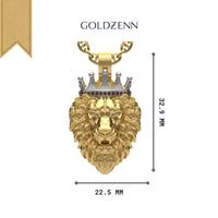 The GOLDZENN Regal Lion Pendant with Crown - 14k Gold features a bold lion design with a silver crown on a thick chain, measuring 32.9mm tall by 22.5mm wide, displayed on a white background with the brand name above.