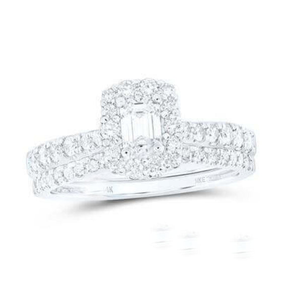 1CTW Diamond Emerald Halo Bridal Wedding Ring Set - 14k White Gold