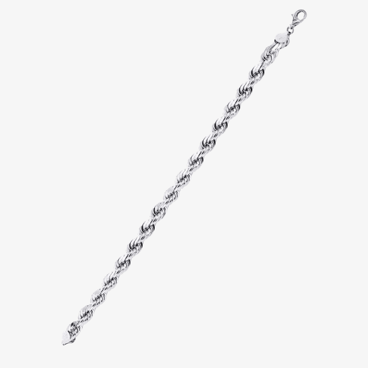 The Rope Bracelet - 6mm-12mm Solid White Gold is shown on a plain white background. This diamond-cut rope bracelet features interwoven links and a secure lobster clasp closure.