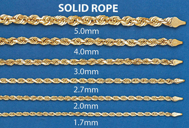 Seven gold rope chains of varying thickness are displayed on a blue background, labeled 5.0mm to 1.7mm, with “SOLID ROPE” at the top—a perfect match for the Rope Bracelet - 6mm-12mm Solid White Gold collection.