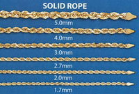 Seven solid yellow gold rope bracelets, ranging from 6mm to 15mm thick, are displayed on a blue background. Each bracelet’s diameter is shown beneath the bold text: SOLID ROPE. The design highlights their classic Rope Bracelet style.