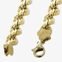 Close-up of the Rope Bracelet - 6mm-15mm Solid Yellow Gold featuring a twisted, diamond-cut rope design and a lobster claw clasp, shown against a plain white background.