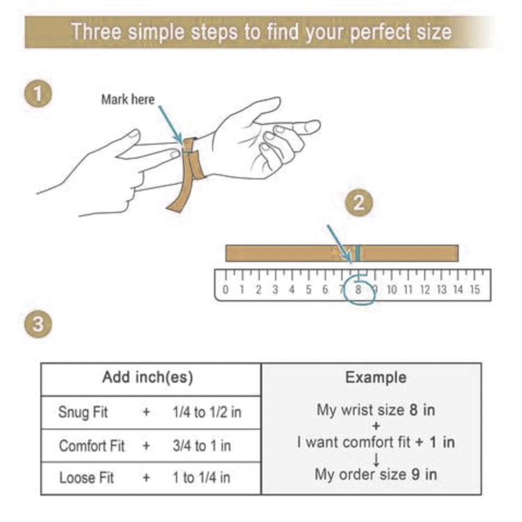 Infographic shows how to measure your wrist with paper and ruler, plus steps and a chart for adding inches for snug, comfort, or loose fits—ideal for finding your perfect size Rope Bracelet - 6mm-15mm Solid Yellow Gold.