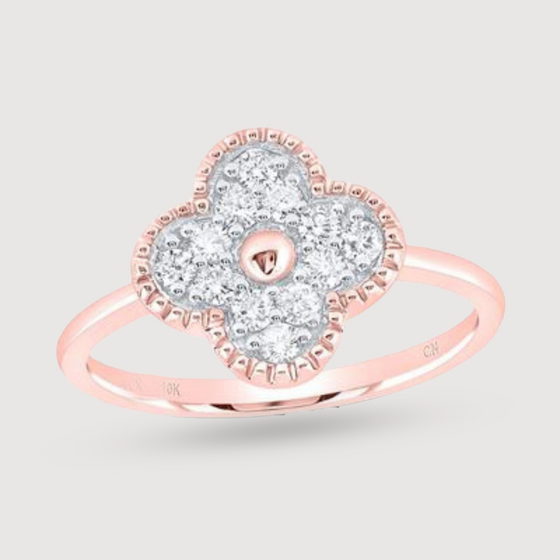 Women's Diamond Four Leaf Clover ring in 10k rose gold. Ethically sourced 1/3ctw round natural diamonds. | GOLDZENN 