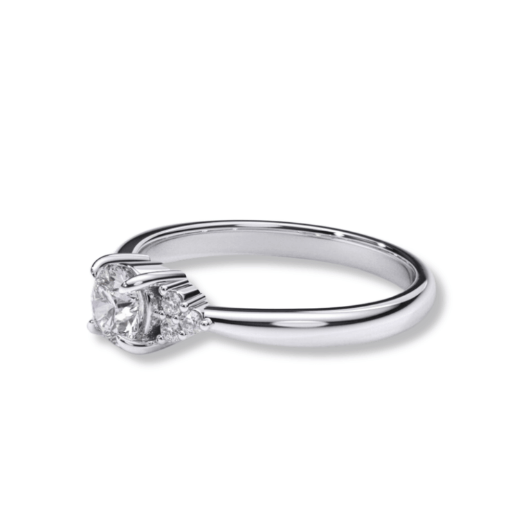 The Round Brilliant Cut Diamond Engagement Ring features a central round diamond with smaller side diamonds, shown against a plain white background.