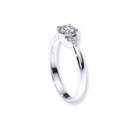 The Round Brilliant Cut Diamond Engagement Ring features a silver band with a round brilliant center diamond and two smaller side diamonds, shown on a white background.