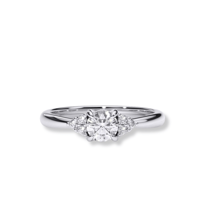 The Round Brilliant Cut Diamond Engagement Ring, featuring a central round diamond and smaller accent stones on a white gold or platinum band, is elegantly displayed against a white background.