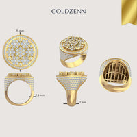 The Round Cluster Diamond Ring – 4.65 CT Gold Design is displayed from multiple angles with measurements: 25 mm diameter, 2.5 mm band width, and 7 mm height. The GOLDZENN brand name and a gold corner ribbon appear in the background.