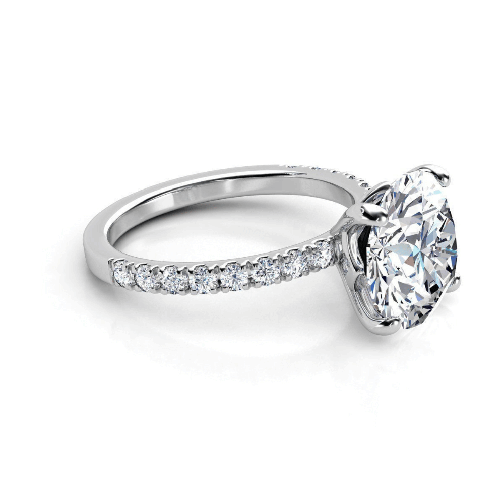 alt=" Discover the Round Cut Lab Diamond Engagement Ring with Pavé Band. Featuring a 2.00 CT lab-grown round diamond and pavé accents in 14K gold, it’s a timeless choice. "