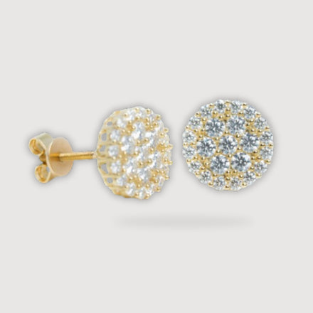 A pair of Round Moissanite Gemstone Earrings in 10k yellow gold, featuring sparkling stones for everyday wear, displayed against a plain light gray background.