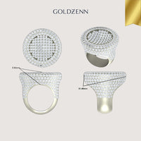 The Round Pavé Diamond Ring – 14.11 CT Gold Design is shown from four angles on a light background, with the GOLDZENN name above and gold ribbon detail in the corner. Measurements of 8.80mm and 31.40mm are indicated for this unique ring.