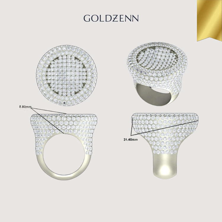 The Round Pavé Diamond Ring – 14.11 CT Gold Design is shown from four angles on a light background, with the GOLDZENN name above and gold ribbon detail in the corner. Measurements of 8.80mm and 31.40mm are indicated for this unique ring.