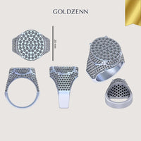 Five views of the Round Pavé Diamond Ring – 4.58 CT Gold Design, shown from top, front, side, angled, and bottom. This silver ring features multiple round pavé diamonds and measures 20 mm high. "GOLDZENN" appears above the images.