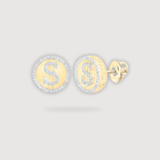 alt=" Shine with 1/2CTW diamond dollar sign earrings in 10K yellow gold. Perfect for bold style or as a unique gift. Shop now for a statement look! "