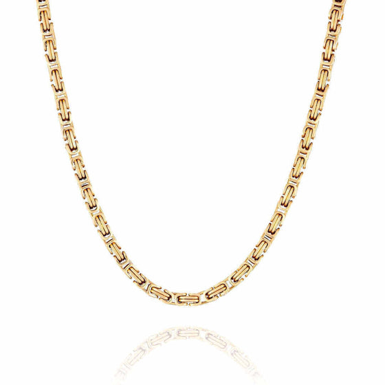 alt= " Discover GOLDZENN’s 9mm Byzantine Chain, crafted in premium gold with intricate interlocking links. "