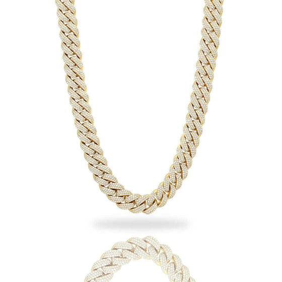 alt=" 13mm 22" Cuban link chain in 10k solid gold with 41CT G+ VS natural diamonds. Iced-out brilliance and expertly crafted for luxury and style. "