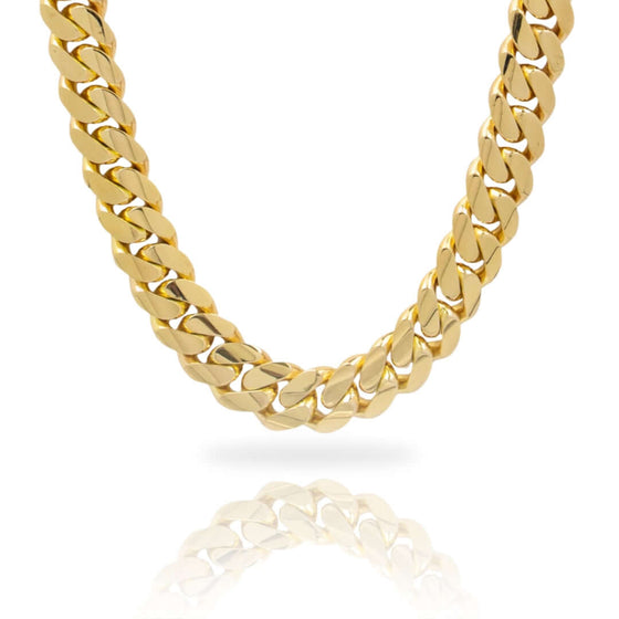 alt=" Experience unparalleled luxury with our handmade 16mm solid gold Cuban link chain. Available in 10k, 14k, & 18k gold (yellow, white, rose). Box, sleek, or diamond clasp. "